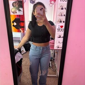 Black Crop Top and Light Blue Distressed Jeans